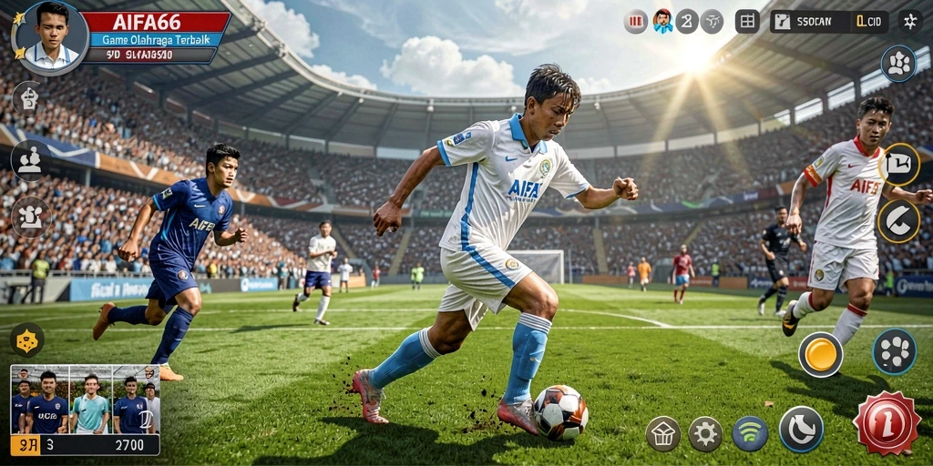 Screenshot utama AIFA66 menampilkan aksi pertandingan olahraga yang intens.