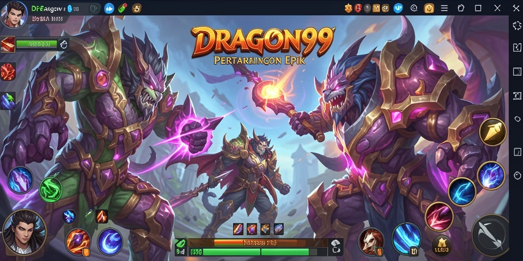 Screenshot gameplay <strong>DRAGON99</strong> yang menampilkan pertarungan intens di arena.