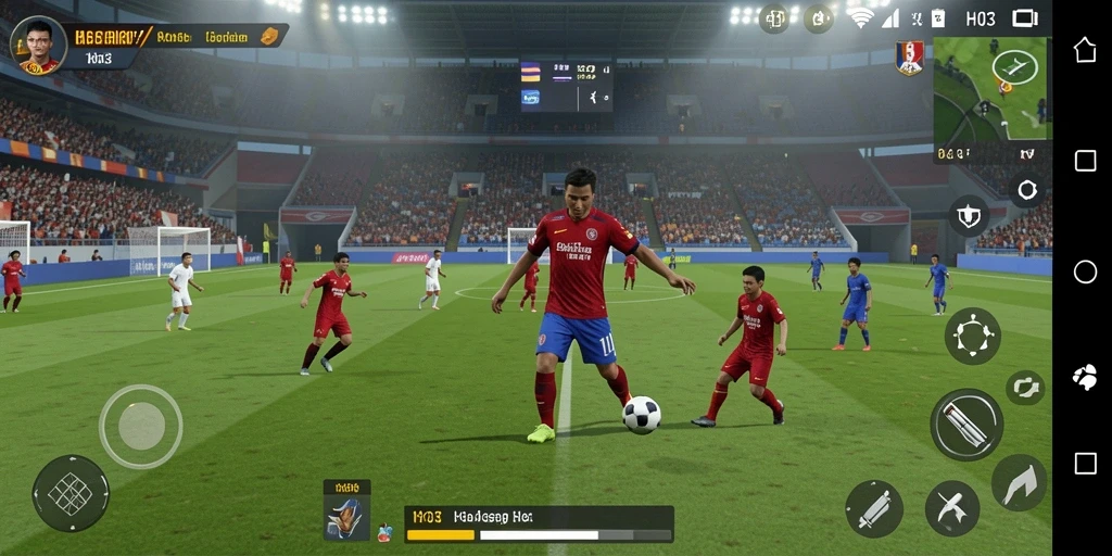 Screenshot gameplay H03 yang menunjukkan aksi seru di lapangan sepak bola.