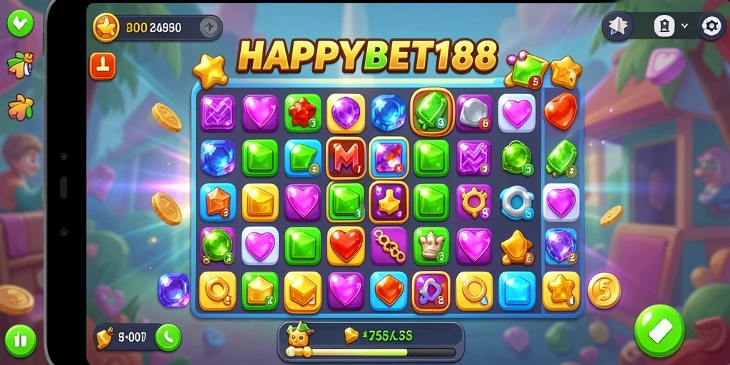 Screenshot utama <strong>HAPPYBET188</strong> menunjukkan aksi seru permainan Match-3 yang adiktif.