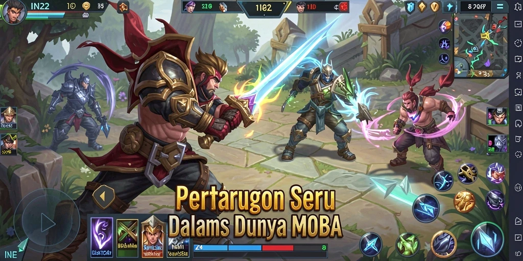 Tangkapan layar gameplay IN22 yang menunjukkan aksi pertarungan tim MOBA yang seru.