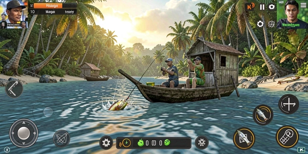 Screenshot utama LK21 menunjukkan pemain yang sedang menangkap ikan dengan latar belakang alam yang indah.