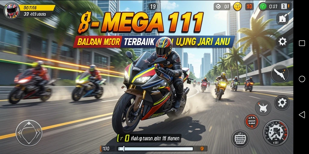 Tampilan gameplay MEGA111 dengan aksi balapan motor yang seru.