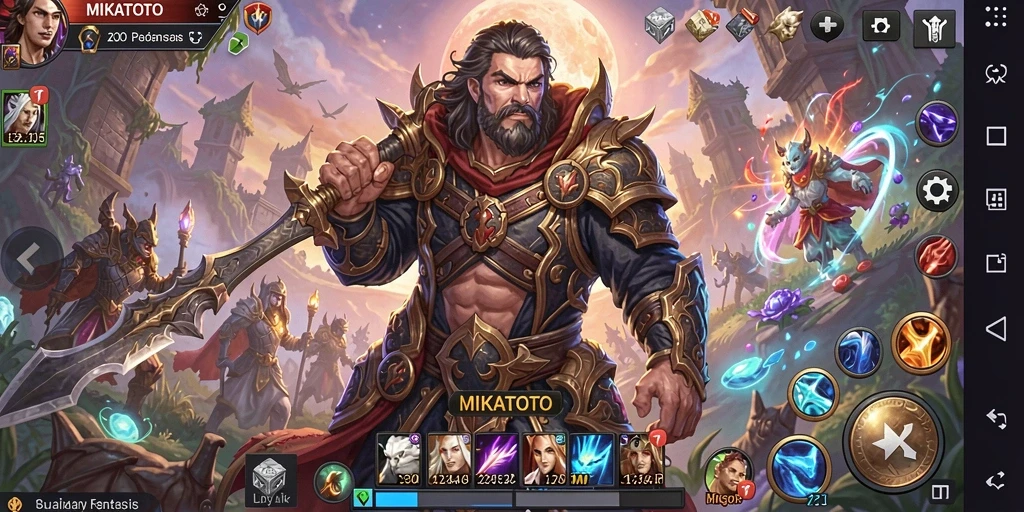 Screenshot gameplay MIKATOTO, menampilkan karakter dan pertarungan epik.