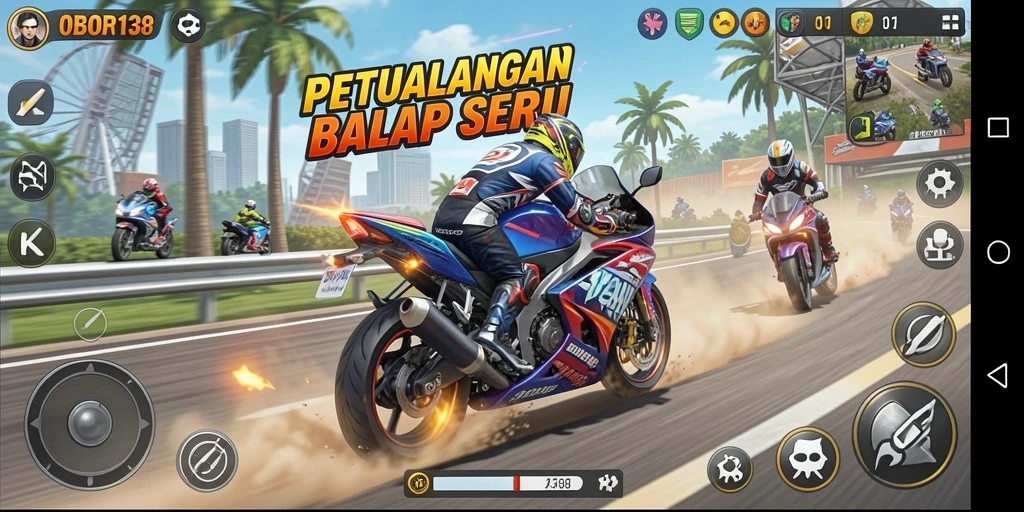 Tangkapan layar OBOR138 menampilkan grafik menawan dan aksi balapan yang mendebarkan.