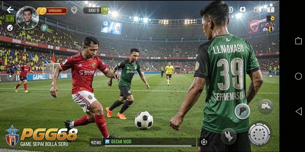 Screenshot gameplay PGG68 yang menunjukkan aksi di lapangan sepak bola.