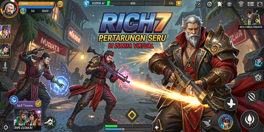 Screenshot menunjukkan aksi pertarungan intens dan karakter unik dalam RICH7.