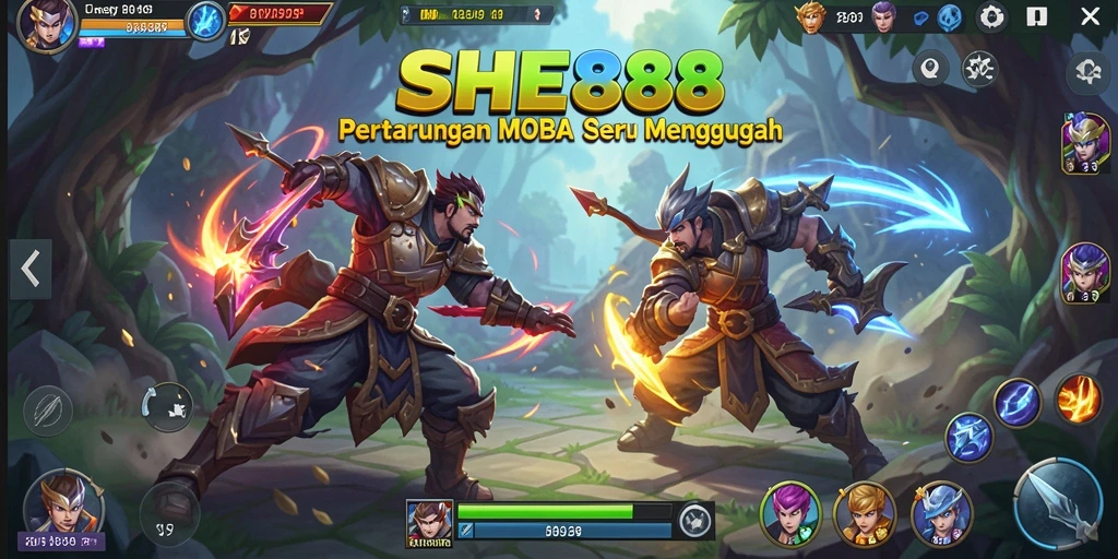 Tampilan gameplay intens dari <strong>SHE888</strong> dengan aksi dan strategi MOBA.