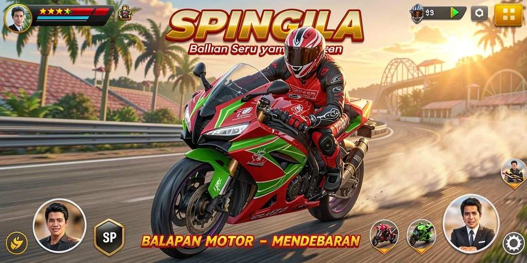 Tangkapan layar gameplay SPINGILA yang mendebarkan dalam balapan motor.