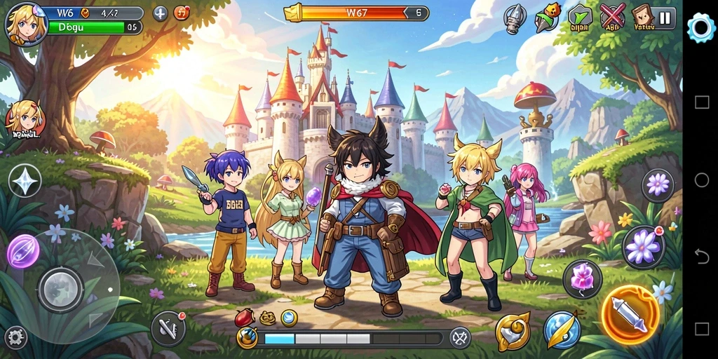 Tampilan gameplay W67 yang menakjubkan dengan karakter anime beraksi.