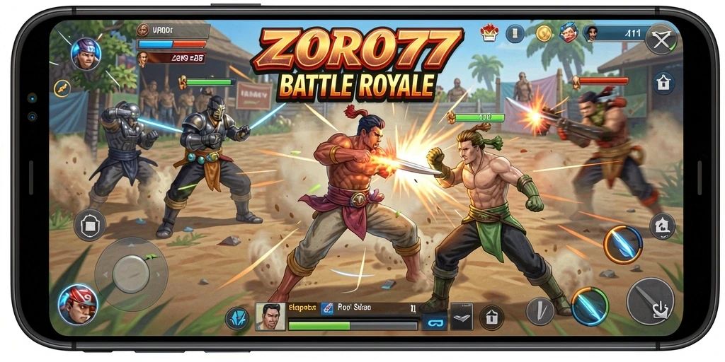 Tampilan gameplay ZORO77 yang mendebarkan dalam mode Battle Royale.